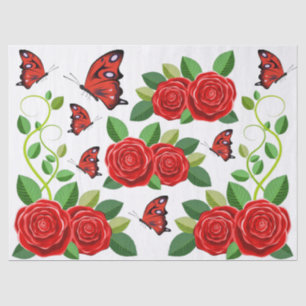 Elegant Red Rose Flower And Butterfly Decoupage Tissue Paper