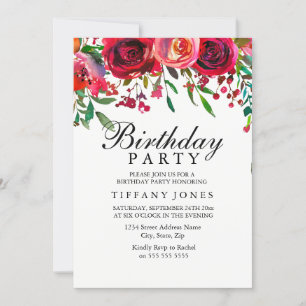 Elegant Red Rose Flower Birthday Party invite