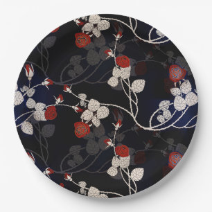 Elegant Red Rose Flower Black Floral Paper Plate