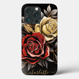 Elegant Red Rose Flower Gold Black iPhone 13 Pro Case