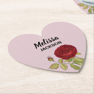 Elegant red rose flower pink paper coaster
