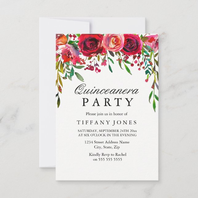 Elegant Red Rose Flower Quinceanera Party invite (Front)
