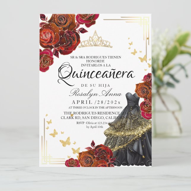Elegant Red Rose Gold Butterfly Quinceañera Invitation (Standing Front)