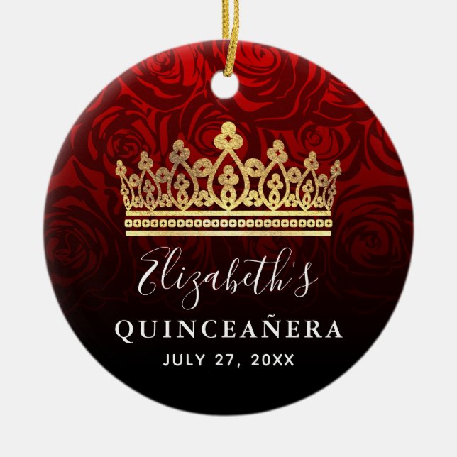 Elegant Red Rose Gold Crown Quinceanera Ceramic Ornament (Front)