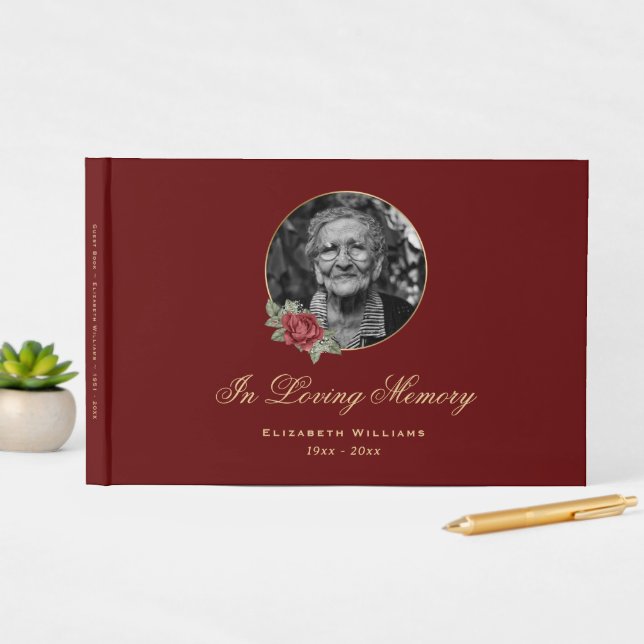 Elegant Red Rose Gold Floral Funeral Photo Guest Book (InSitu Display)