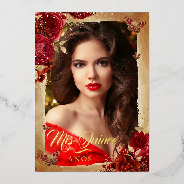Elegant Red Rose Gold Floral Photo Quinceanera  (Front)