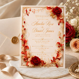 Elegant Red Rose & Gold Floral Wedding Invitation