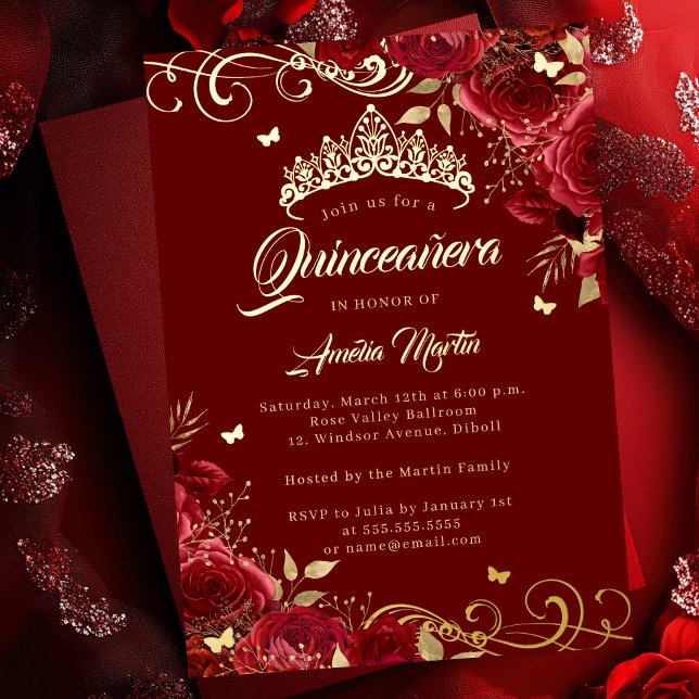 Elegant Red Rose Gold Swirl Quinceanera   (Creator Uploaded)