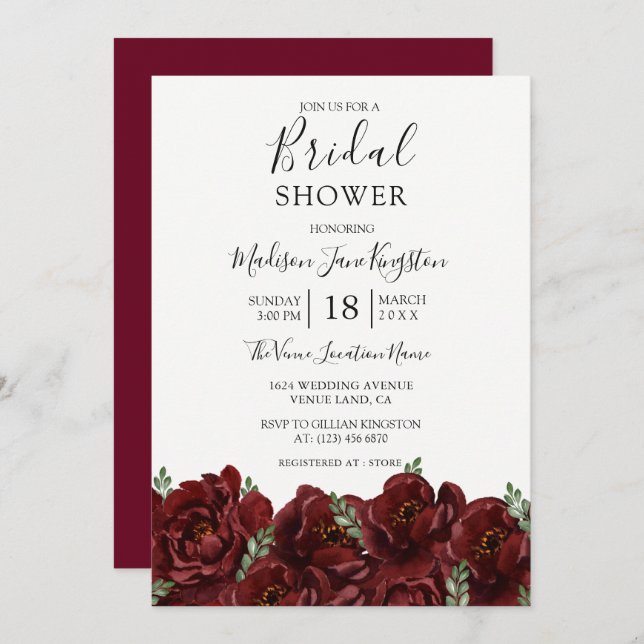 Elegant Red Rose Leaf Modern Bridal Shower Invitation (Front/Back)