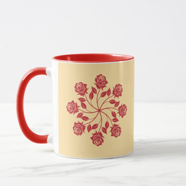 Elegant Red Rose Mandala Circular Floral Design Mug (Left)