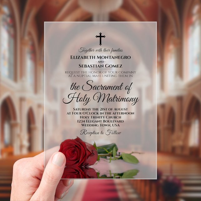 Elegant Red Rose Modern Catholic Wedding Acrylic Invitations (Frosted Acrylic with Rectangle Cut)