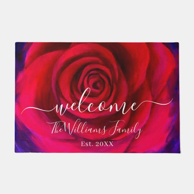 Elegant Red Rose Name Script Welcome Floral Doormat (Front)