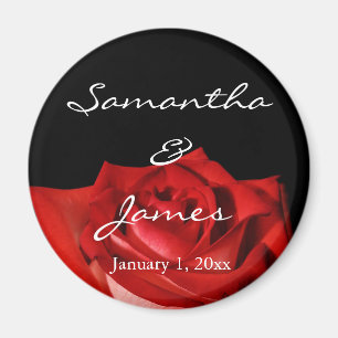 Elegant Red Rose on Black Personalised Wedding Magnet