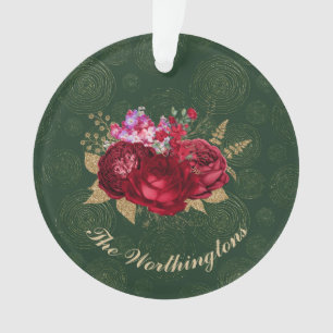 Elegant Red Rose on Green Velvet Christmas Ornament