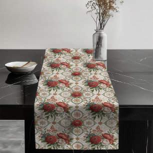 Elegant Red Rose Pastel Green Tiles Shabby Chic Long Table Runner