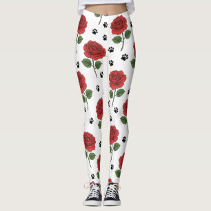 Elegant Red Rose & Playful Paw Print Leggings