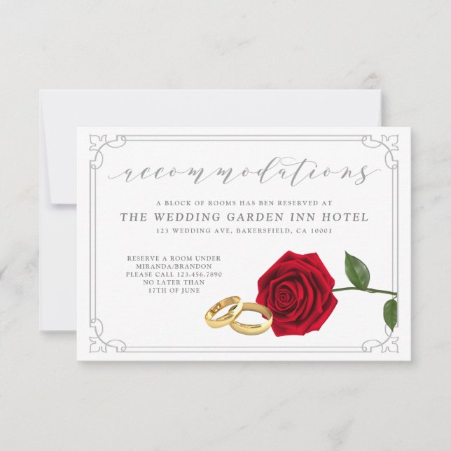 Elegant Red Rose Rings Wedding Accommodations Card (Front)