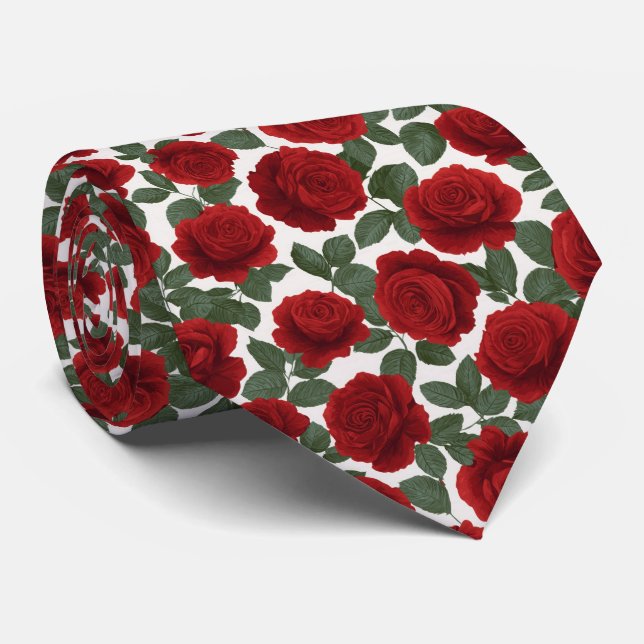 Elegant Red Rose Seamless Floral Pattern Tie (Rolled)