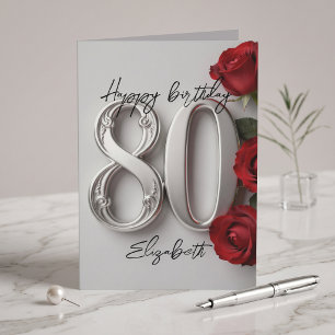 Elegant Red Rose Silver 80th Birthday Milestone Card