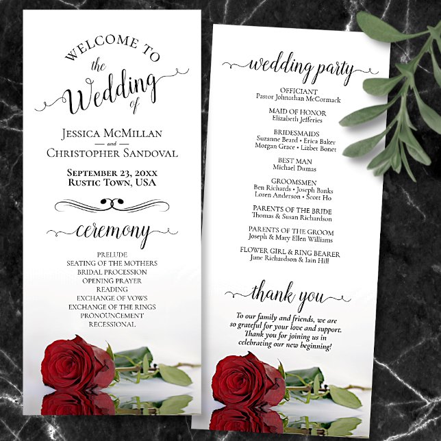 Elegant Red Rose Simple Romantic Wedding Program (Front and Back)