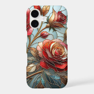 Elegant Red Rose Stained Glass Floral Gold Accent 