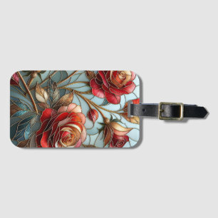Elegant Red Rose Stained Glass Floral Gold Accent Luggage Tag