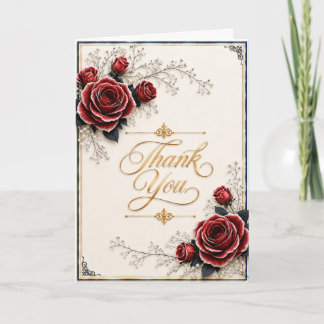 Elegant Red Rose Thank You Card | Ivory, Gold & Na