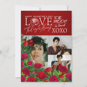 Elegant Red Rose Valentine’s Day Calligraphy Photo Holiday Card