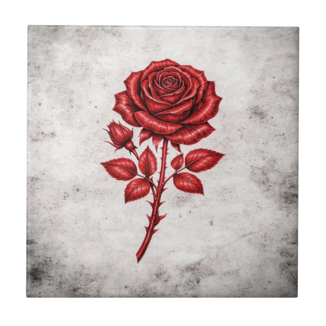 Elegant Red Rose Vintage Botanical Ceramic Tile (Front)