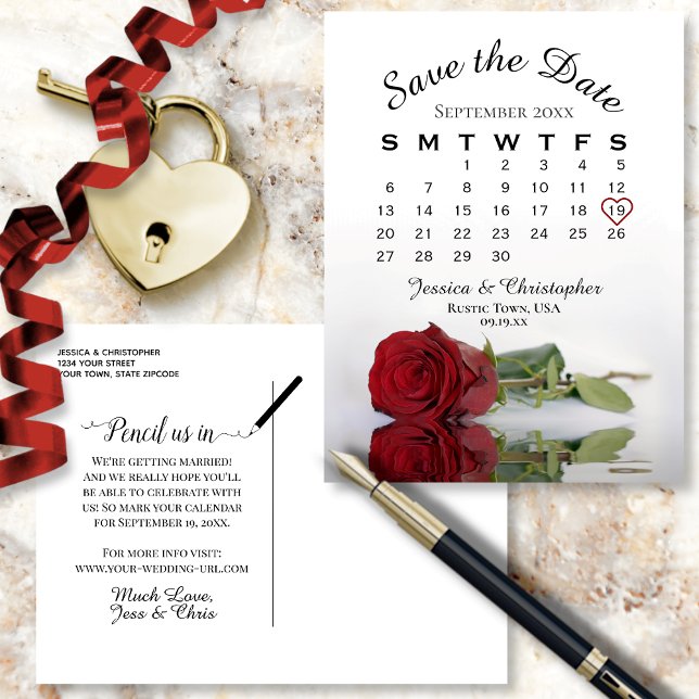 Elegant Red Rose Wedding Calendar Save the Date Announcement Postcard (Front and Back)