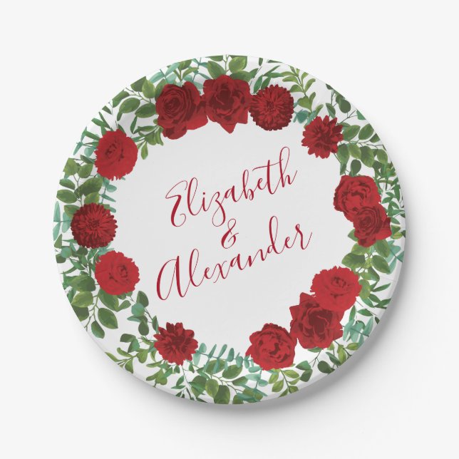 Elegant Red Rose Wedding Paper Plate (Front)