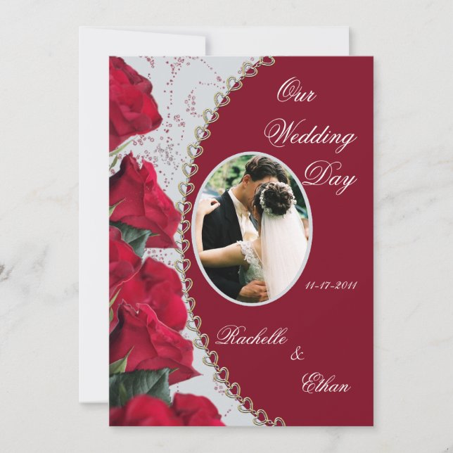 Elegant Red Rose Wedding Photo Invitations (Front)
