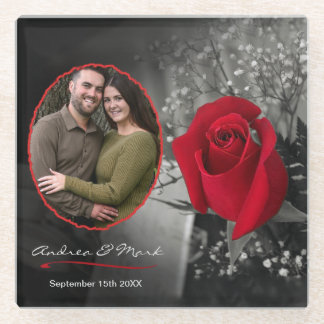 Elegant Red Rose Wedding Portrait Vignette Glass Coaster