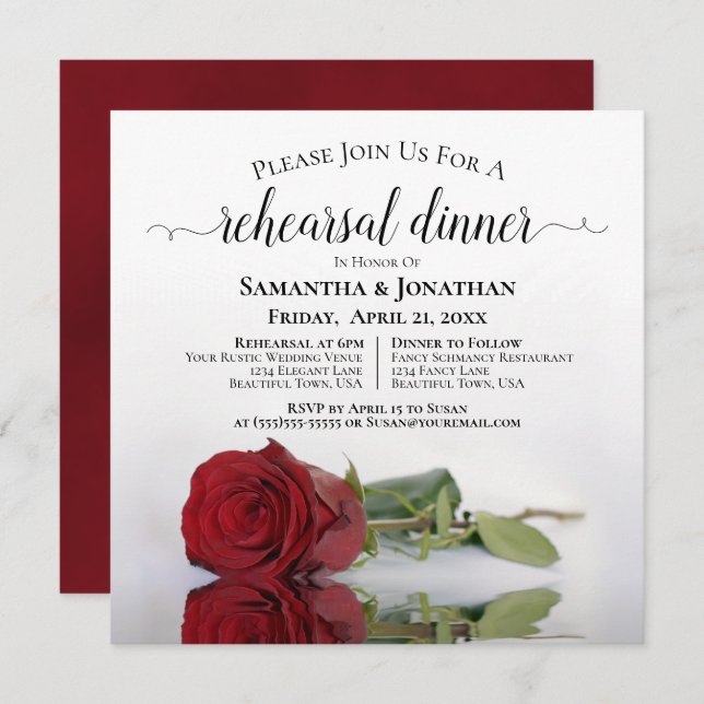 Elegant Red Rose Wedding Rehearsal & Dinner Invitation (Front/Back)
