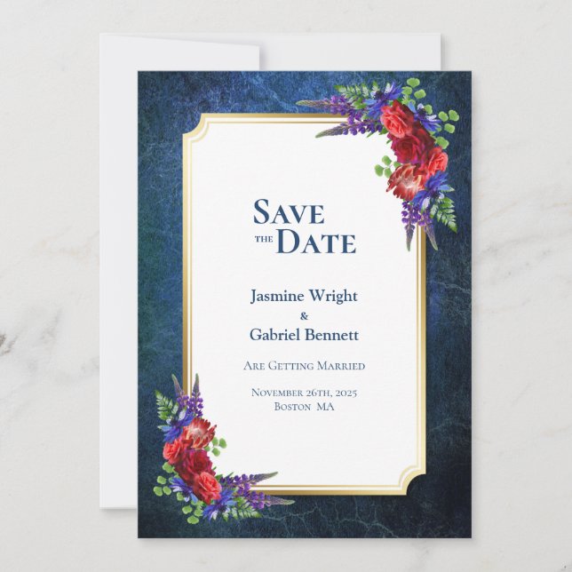 Elegant Red Rose with Gold Border Wedding Save The Date (Front)