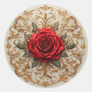 Elegant Red Rose With Ornate Gold Floral Classic Round Sticker
