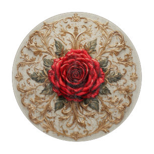 Elegant Red Rose With Ornate Gold Floral Cutting Board