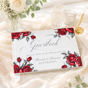 Elegant Red Rosees Floral Wedding Guest Book