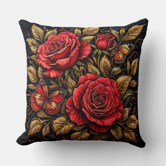 Elegant Red Roses and Butterflies Cushion (Front)