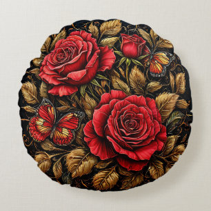 Elegant Red Roses and Butterflies Round Cushion