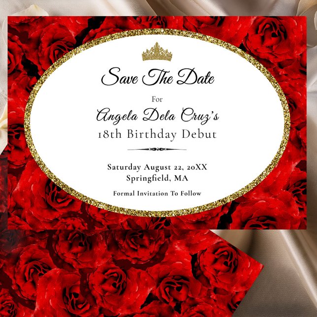 Elegant Red Roses and Gold 18th Birthday Debut Save The Date (Creator Uploaded)