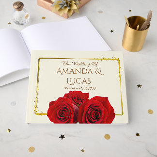 Elegant Red Roses and Gold Frame Cream Wedding Guest Book