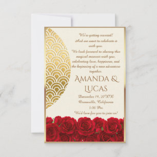 Elegant Red Roses and Gold Frame Cream Wedding Invitation