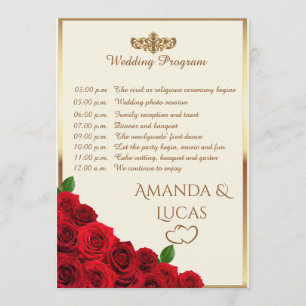 Elegant Red Roses and Gold Frame Cream Wedding Program