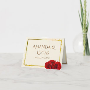 Elegant Red Roses and Gold Frame Cream Wedding Thank You Card