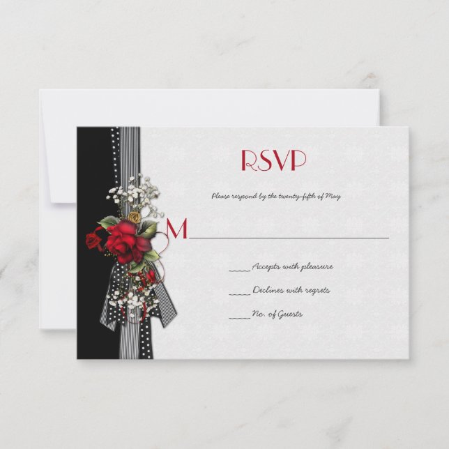 Elegant Red Roses Baby's Breath Black Ribbons RSVP Card (Front)
