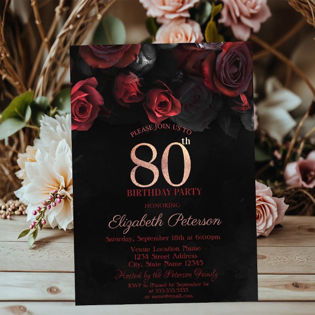 Elegant Red Roses Black 80th Birthday Invitation (Creator Uploaded)