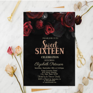 Elegant Red Roses Black Sweet 16 Invitation