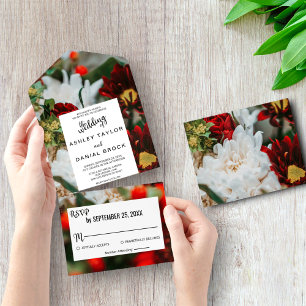 Elegant red roses blossoms flowers floral Wedding All In One Invitation