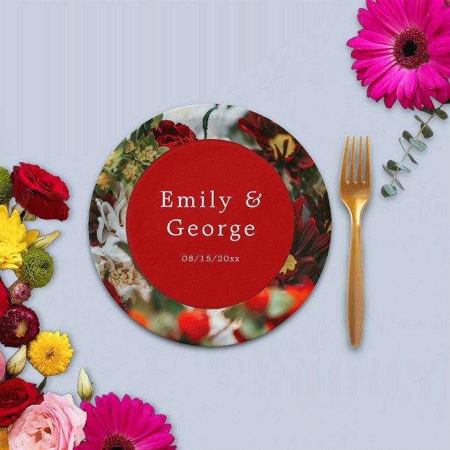 Elegant red roses blossoms flowers floral Wedding Paper Plate (Creator Uploaded)